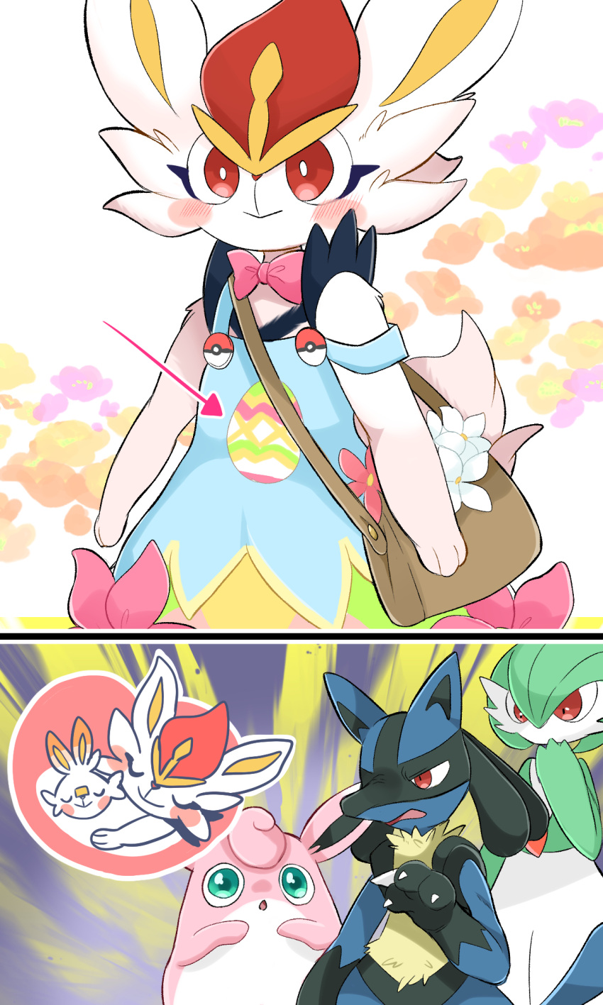 1boy 2girls :> ajiwo animal_ears animal_hands animal_nose aqua_eyes arrow_(symbol) bag bare_shoulders black_fur blue_dress blue_fur blush blush_stickers bob_cut body_fur bow bowtie bright_pupils cinderace cinderace_(pastel) claws closed_mouth clothed_pokemon colored_skin cowboy_shot dress egg_print flat_chest flower furry furry_female furry_male gardevoir green_hair green_skin hair_between_eyes hand_to_own_mouth hand_up highres lucario maternity_mark multicolored_skin multiple_girls open_mouth orange_flower pink_bow pink_bowtie poke_ball_symbol pokemon pokemon_(creature) pokemon_unite purple_flower rabbit_ears rabbit_girl rabbit_tail red_eyes red_hair scorbunny short_hair shoulder_bag sleeveless sleeveless_dress snout standing strap_slip tail traditional_bowtie two-tone_skin white_flower white_fur white_pupils white_skin wigglytuff wolf_boy wolf_ears wolf_tail yellow_flower yellow_fur