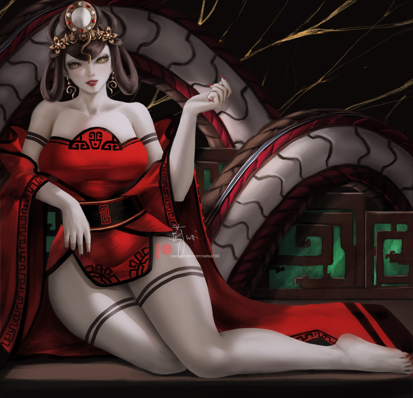 bare_shoulders black_hair breasts chinese_clothes detached_sleeves dress earrings female fingernails hair_ornament highres jewelry large_breasts long_hair long_sleeves looking_at_viewer nuwa_(megami_tensei) red_dress sash shin_megami_tensei shin_megami_tensei_v simple_background snake solo thighs wei_(promise_0820) yellow_eyes