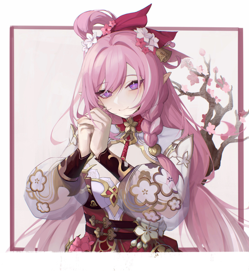 absurdres border braid breasts cherry_blossoms clothing_cutout dress elysia_(herrscher_of_human:_ego)_(honkai_impact) elysia_(honkai_impact) elysia_(peachy_spring)_(honkai_impact) female fist_in_hand hair_between_eyes hair_ornament hair_ribbon highres honkai_(series) honkai_impact_3rd long_hair long_sleeves looking_at_viewer medium_breasts official_alternate_costume pink_background pink_hair pink_pupils pointy_ears puffy_long_sleeves puffy_sleeves purple_eyes red_dress ribbon see-through see-through_sleeves side_braid sleeves_past_wrists smile solo tutou_jiang upper_body very_long_hair white_border