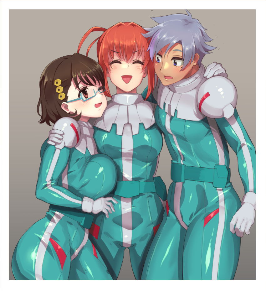 3girls absurdres alma_stirner amorphous bad_anatomy breasts brown_eyes brown_hair closed_eyes dark-skinned_female dark_skin glasses grey_hair gundam gundam_battle_operation gundam_battle_operation_code_fairy hair_ornament helena_hegel highres mia_brinkman multiple_girls normal_suit open_mouth orange_hair pilot_suit ponytail science_fiction short_hair skin_tight zeon