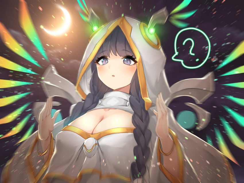 ? bracelet braid breasts cleavage crescent_moon detached_wings diviner_of_the_herald dress duel_monster female gradient_wings green_wings hands_up highres hood hood_up jewelry large_breasts light_blush long_hair moon multicolored_wings orange_wings purple_eyes purple_hair solo spoken_question_mark twin_braids upper_body wings yasososu yellow_wings yu-gi-oh!