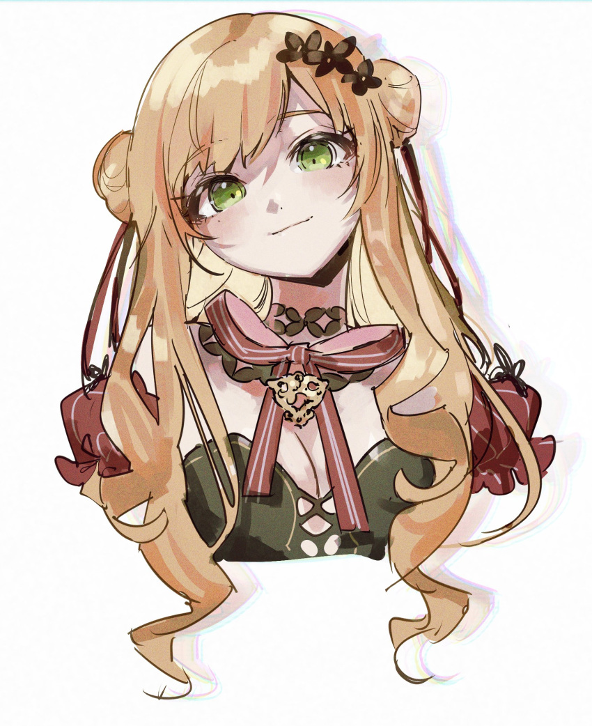 black_flower blonde_hair blush breasts cropped_torso double_bun female flower green_eyes hair_bun hair_flower hair_ornament head_tilt highres long_hair looking_at_viewer medium_breasts mole mole_under_eye neck_ribbon nijisanji nijisanji_kr portrait red_ribbon ribbon seffyna smile so_nagi_(artist) solo virtual_youtuber