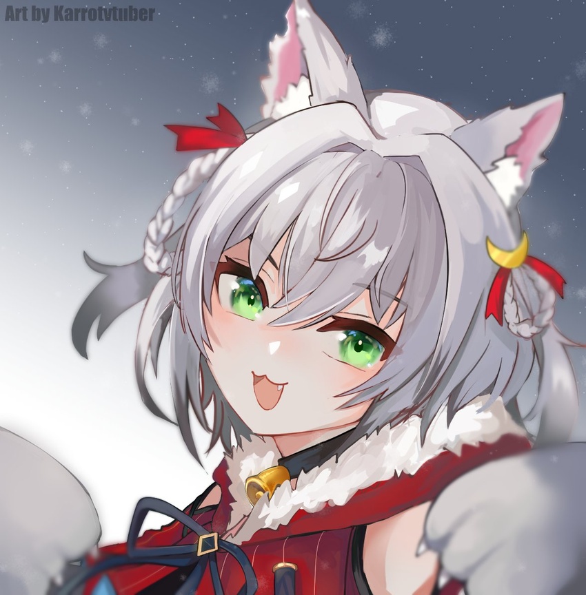 :3 animal_ears animal_hands bell braided_hair_rings choker detached_sleeves female fur_trim gloves green_eyes grey_hair hair_over_one_eye hair_ribbon kamizuki_naki karrot medium_hair neck_bell notched_ear oerba_yun_fang paw_gloves prism_project ribbon solo virtual_youtuber wolf_ears wolf_girl