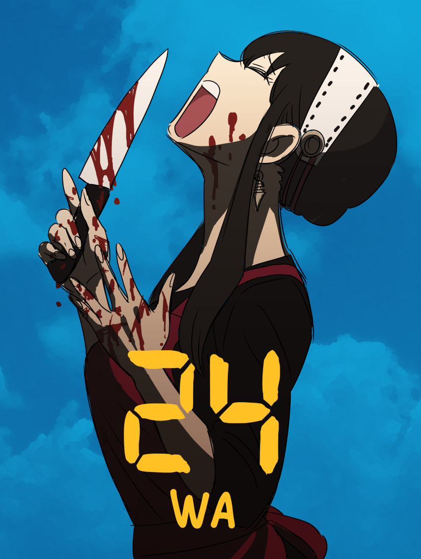 absurdres black_hair blood blood_on_face blood_on_hands blood_on_knife blue_background closed_eyes commentary_request earrings endou_tatsuya female from_side hairband highres holding holding_knife jewelry kitchen_knife knife open_mouth sidelocks solo spy_x_family translated upper_body white_hairband yor_briar