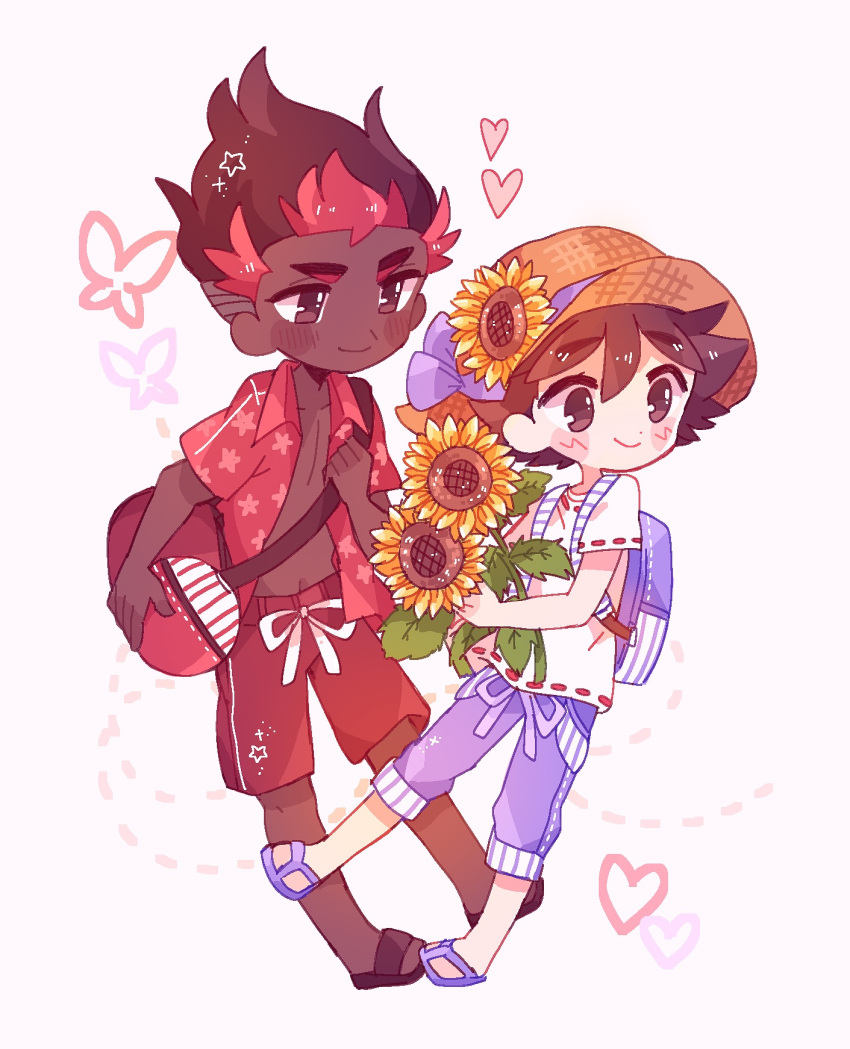 2boys bad_id bad_pixiv_id bag blush_stickers brown_eyes brown_hair capri_pants catsubun_(kkst0904) closed_mouth collared_shirt commentary dark-skinned_male dark_skin duffel_bag eyelashes flower hat hat_flower heart highres holding holding_flower kiawe_(pokemon) male_focus multiple_boys open_clothes open_shirt pants pokemon pokemon_(anime) pokemon_sm_(anime) purple_pants red_shirt red_shorts sandals satoshi_(pokemon) shirt short_hair short_sleeves shorts smile straw_hat sunflower t-shirt white_shirt