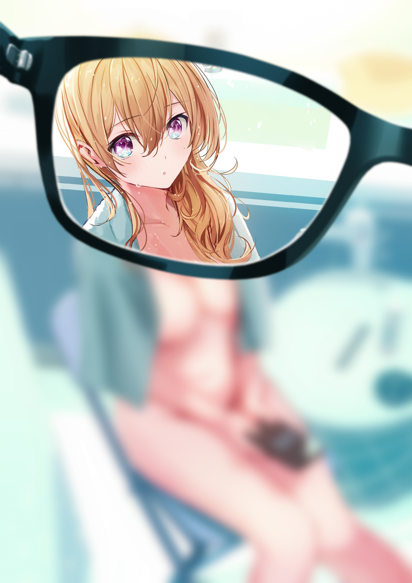 bathroom blonde_hair blurry blurry_vision blush breasts cleavage closed_mouth commentary_request convenient_censoring dot_mouth eyewear_view female glasses hair_between_eyes highres holding holding_phone holding_removed_eyewear kagawa_ichigo long_hair looking_at_viewer nude open_mouth original phone pov purple_eyes sitting solo_focus towel towel_around_neck unworn_eyewear wet wet_hair