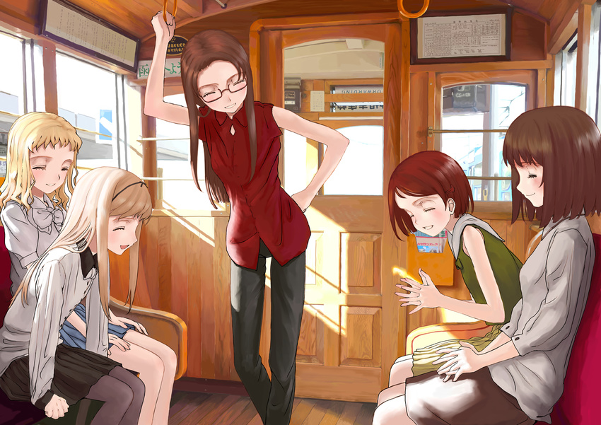 5girls akanegi_atsuko asahina_kyouko_(kita_e) blonde_hair brown_hair casual closed_eyes commentary_request glasses hair_ornament hairclip hand_grip hand_on_own_hip harada_akari highres holding_hand_grip kita_e kitano_suomi mocha_(snowflake) multiple_girls pantyhose photoshop_(medium) shiraishi_karin sitting train_interior