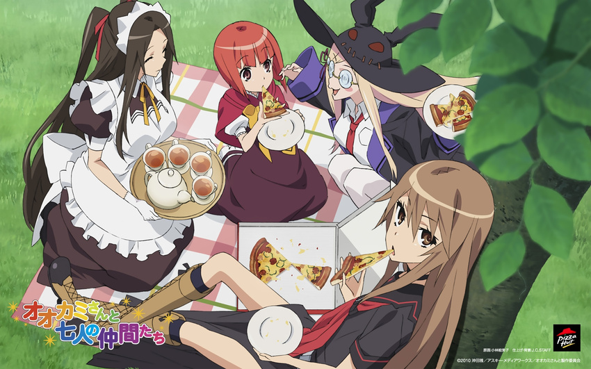 4girls akai_ringo_(ookami-san) apron black_hair blonde_hair brown_eyes brown_hair closed_eyes cup eating flat_chest food glasses hat highres holding holding_food holding_pizza kobayashi_emiko long_hair long_legs maid maid_headdress majolica_le_fay multiple_girls official_art official_wallpaper ookami-san ookami_ryouko open_mouth picnic pizza pizza_hut plate red_hair short_hair sitting smile teacup tree tsurugaya_otsuu very_long_hair witch_hat