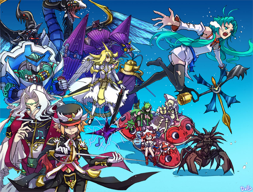 battle_fader blonde_hair blue_eyes detached_sleeves duel_monster effect_veiler fairy_king_alverd green_eyes green_gadget green_hair hat long_hair maestroke_the_symphony_devil orange_hair red_gadget short_hair sword thighhighs tinplate_goldfish tragoedia weapon white_hair wings yellow_gadget yu-gi-oh! yuu-gi-ou_duel_monsters