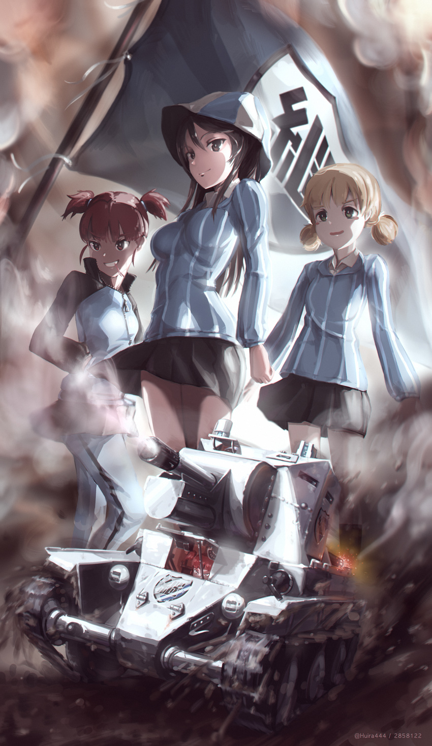 3girls absurdres action aki_(girls_und_panzer) blue_hat blue_jacket blue_pants blue_shirt blue_skirt blunt_bangs brown_eyes brown_hair bt-42 caterpillar_tracks closed_mouth commentary_request dress_shirt dust_cloud emblem firing flag girls_und_panzer green_eyes grey_skirt grin hair_tie hands_in_pockets hat highres huira444 jacket keizoku_(emblem) keizoku_military_uniform keizoku_school_uniform korean_commentary light_brown_hair light_smile long_hair long_sleeves looking_at_viewer mika_(girls_und_panzer) mikko_(girls_und_panzer) military military_uniform military_vehicle miniskirt motor_vehicle mouth_hold multiple_girls pants parted_lips pleated_skirt raglan_sleeves red_eyes red_hair school_uniform shirt short_hair short_twintails single_vertical_stripe skirt smile standing striped_clothes striped_shirt tank toothpick track_jacket track_pants tulip_hat twintails uniform vertical-striped_clothes vertical-striped_shirt white_shirt