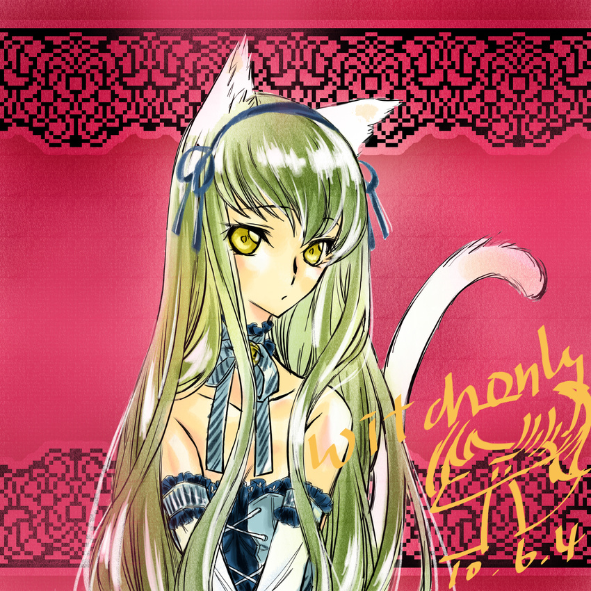 animal_ears bell blue_ribbon c.c. cat_ears cat_tail cc code_geass dress female gradient gradient_background green_hair highres long_hair ribbon solo tail witchonly yellow_eyes