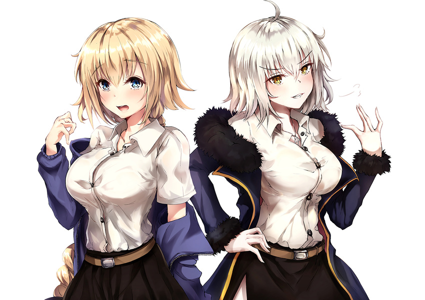 2girls ahoge belt blonde_hair blue_eyes blush braid breasts commentary cosplay dress_shirt dual_persona fate/grand_order fate_(series) fur_trim hand_on_own_hip jacket jeanne_d'arc_(fate) jeanne_d'arc_(ruler)_(fate) jeanne_d'arc_alter_(fate) jeanne_d'arc_alter_(ver._shinjuku_1999)_(fate) jeanne_d'arc_alter_(ver._shinjuku_1999)_(fate)_(cosplay) large_breasts long_hair multiple_girls nakatokung off_shoulder official_alternate_costume open_mouth photoshop_(medium) shirt short_hair single_braid skirt very_long_hair white_hair yellow_eyes