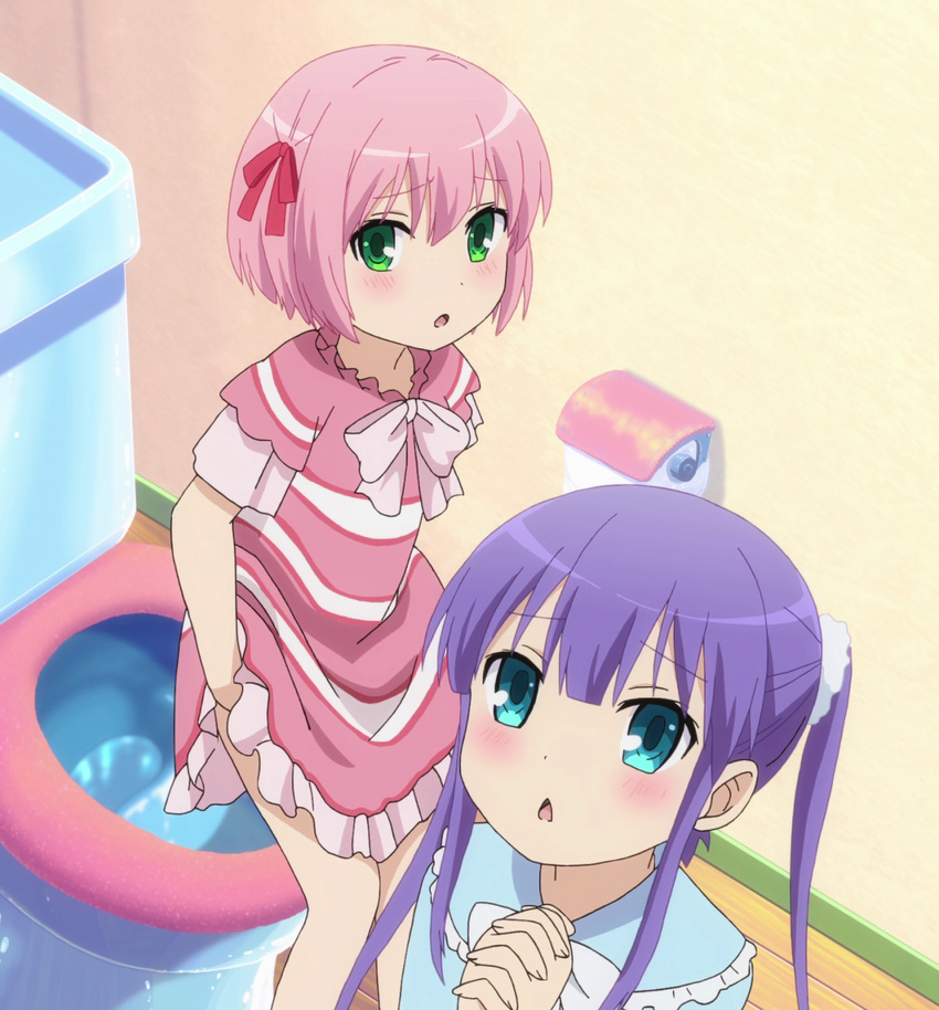 2girls :o anime_screenshot blue_eyes chestnut_mouth danchigai green_eyes highres multiple_girls nakano_satsuki nakano_uzuki non-web_source own_hands_clasped own_hands_together pink_hair purple_hair siblings toilet twins