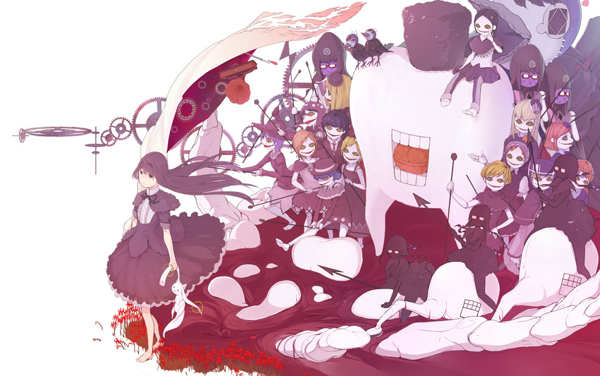 6+girls absurdres akemi_homura akemi_homura_(black_dress) barefoot black_hair clara_dolls_(madoka_magica) commentary_request dress flower funeral_dress gears glasses green_eyes hairband highres holding holding_needle kokoro6636 kyuubee liese_(madoka_magica) lilia_(madoka_magica) long_hair lotte_(madoka_magica) luiselotte_(madoka_magica) mahou_shoujo_madoka_magica mahou_shoujo_madoka_magica:_hangyaku_no_monogatari multicolored_eyes multiple_girls needle nut_(food) polearm purple_eyes red-framed_eyewear red_eyes ringed_eyes sharp_teeth simple_background smile spear spider_lily spoilers tears teeth weapon white_background