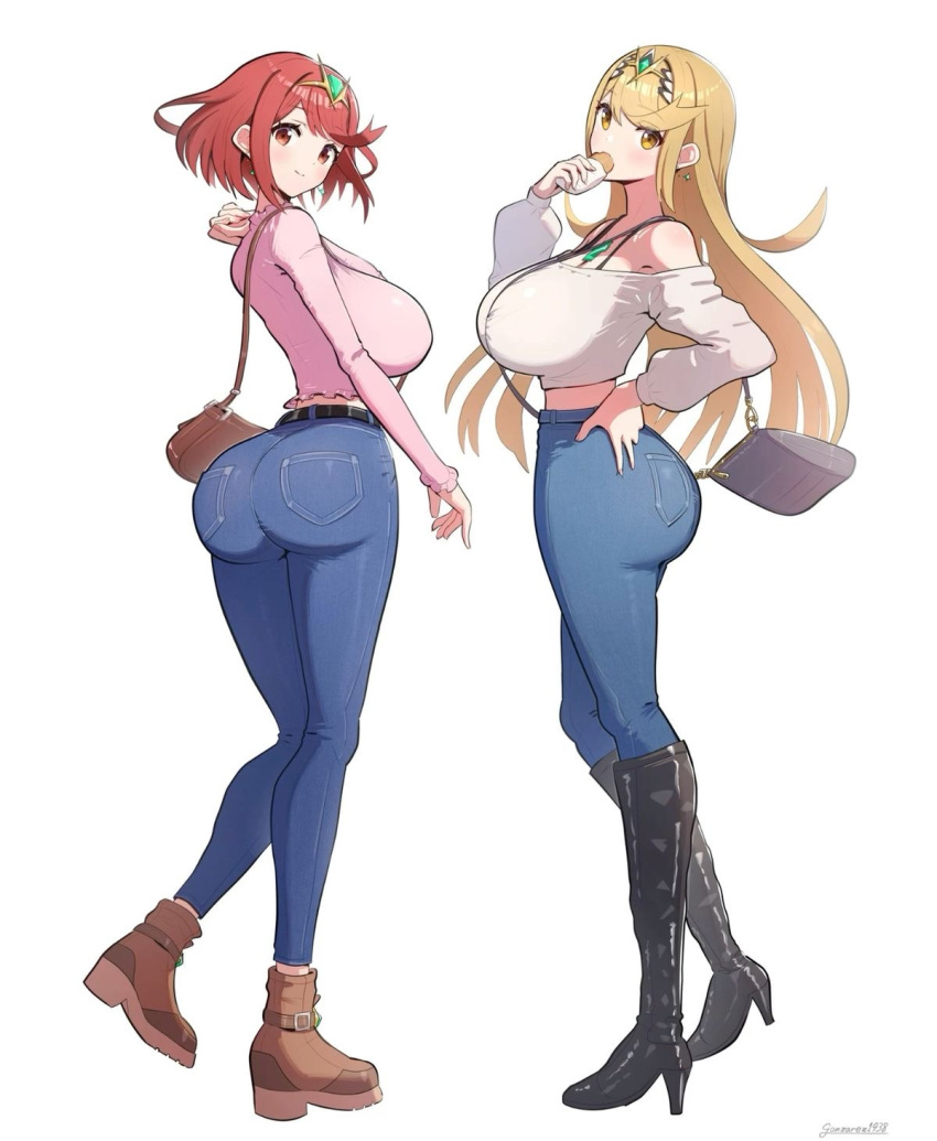 2girls ass ass_focus bangs big_ass blonde_hair boots breasts clothing female female_only fully_clothed gonzarez1938 heels high_heels huge_breasts jeans large_breasts long_hair mythra mythra_(xenoblade) pyra pyra_(xenoblade) red_eyes red_hair short_hair side_swept_bangs tagme xenoblade_(series) xenoblade_chronicles_2 yellow_eyes