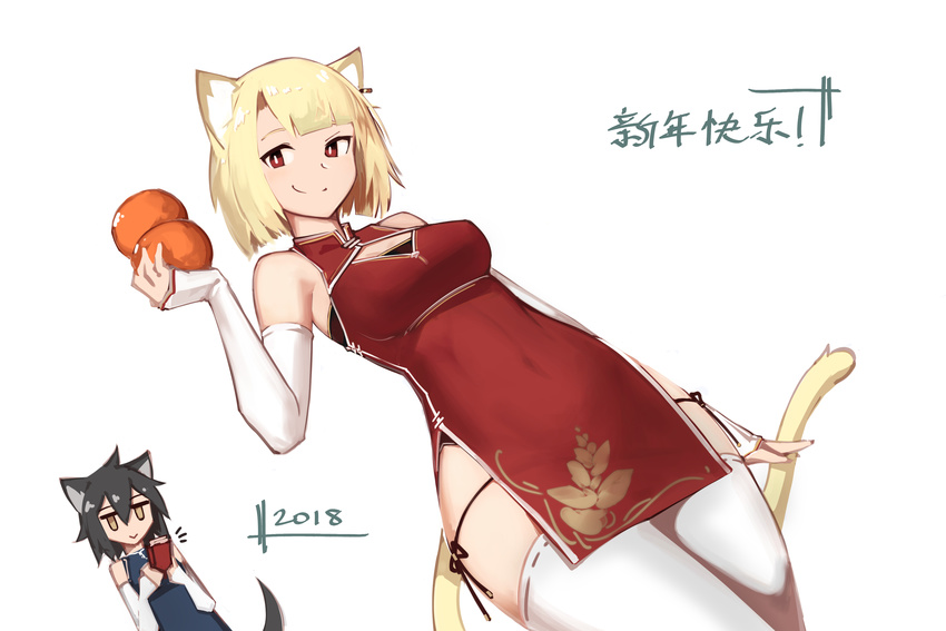 2girls :> absurdres animal_ears arm_at_side asymmetrical_bangs bare_shoulders black_hair blonde_hair cat_ears cat_tail china_dress chinese_clothes commentary_request dated deel_(rkeg) detached_sleeves dress hair_between_eyes highres lisa_(deel) multiple_girls original panties ramn red_eyes side-tie_panties smile tail thighhighs underwear white_background yellow_eyes