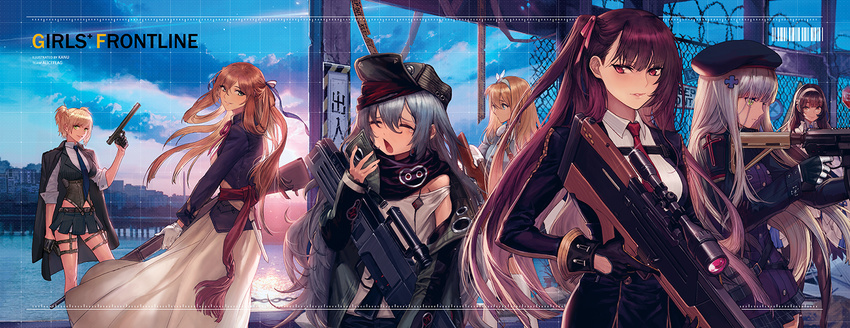 6+girls aliceflag assault_rifle beret black_hair blonde_hair bolt_action brown_hair bullpup commentary_request corset g11_(girls'_frontline) girls'_frontline gloves green_eyes gun h&k_g11 h&k_hk416 handgun hat heckler_&_koch hk416_(girls'_frontline) kim_hana long_hair looking_at_viewer m1903_springfield military military_uniform multiple_girls necktie open_mouth outdoors purple_hair red_eyes rifle scarf scope skirt smile sniper_rifle springfield_(girls'_frontline) sunset suomi_(girls'_frontline) type_95_(girls'_frontline) uniform wa2000_(girls'_frontline) walther walther_wa_2000 weapon welrod welrod_mkii_(girls'_frontline) yawning