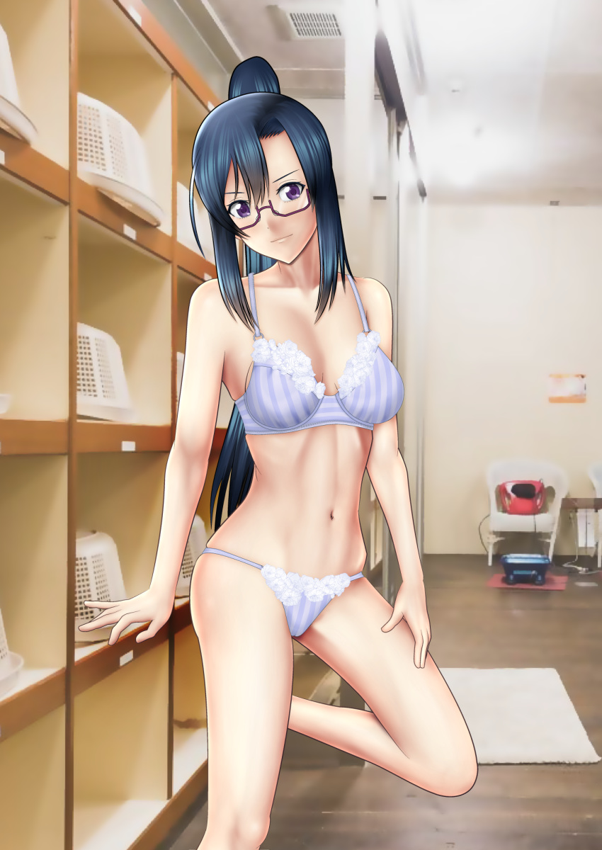 arm_support asymmetrical_bangs bath black-framed_eyewear black_hair bra breasts changing_room closed_mouth commentary_request female glasses hand_on_own_thigh hanebado! head_tilt highres izumi_riko lace lace-trimmed_bra lace-trimmed_panties lace_trim leg_up legs light_smile long_hair looking_at_viewer medium_breasts navel panties partial_commentary photo_background ponytail purple_eyes semi-rimless_eyewear sidelocks skindentation solo standing standing_on_one_leg string_panties striped_bra striped_clothes striped_panties under-rim_eyewear underwear vertical-striped_bra vertical-striped_clothes vertical-striped_panties y_y_e_cart_mach