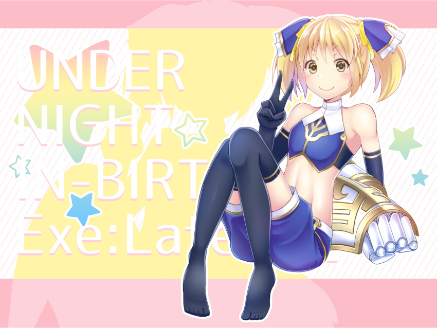 abs black_gloves blonde_hair blue_bow blue_skirt bow commentary_request female flat_chest gauntlets giant_fist gloves hair_ornament highres mika_returna no_shoes short_twintails skirt syank twintails under_night_in-birth under_night_in-birth_exe:late[st] v yellow_eyes