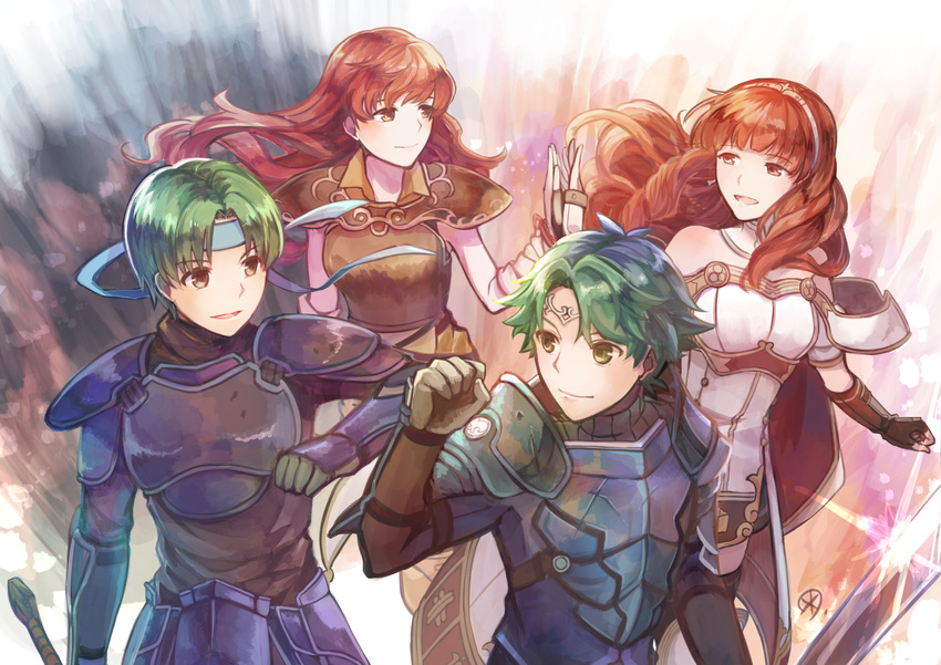 2boys 2girls alm_(fire_emblem) armor breastplate cape celica_(fire_emblem) celica_(warrior_princess)_(fire_emblem) commentary_request dual_persona fire_emblem fire_emblem_echoes:_shadows_of_valentia fire_emblem_gaiden gauntlets green_hair hairband headband highres holding holding_sword holding_weapon long_hair multiple_boys multiple_girls pauldrons red_hair shoulder_armor smile sword tarayuki tiara weapon