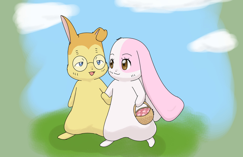 anthro basket blue_eyes brown_eyes cloud container domestic_rabbit duo female fur hand_holding happy_happy_clover improbable_(artist) lagomorph leporid long_ears lop_rabbit male mallow_(happy_happy_clover) mammal orange_body orange_fur oryctolagus picnic_basket pink_body pink_fur pixiv rabbit romantic romantic_couple sayuri_tatsuyama semi-anthro shallot_(happy_happy_clover) simple_background walking yellow_body yellow_fur