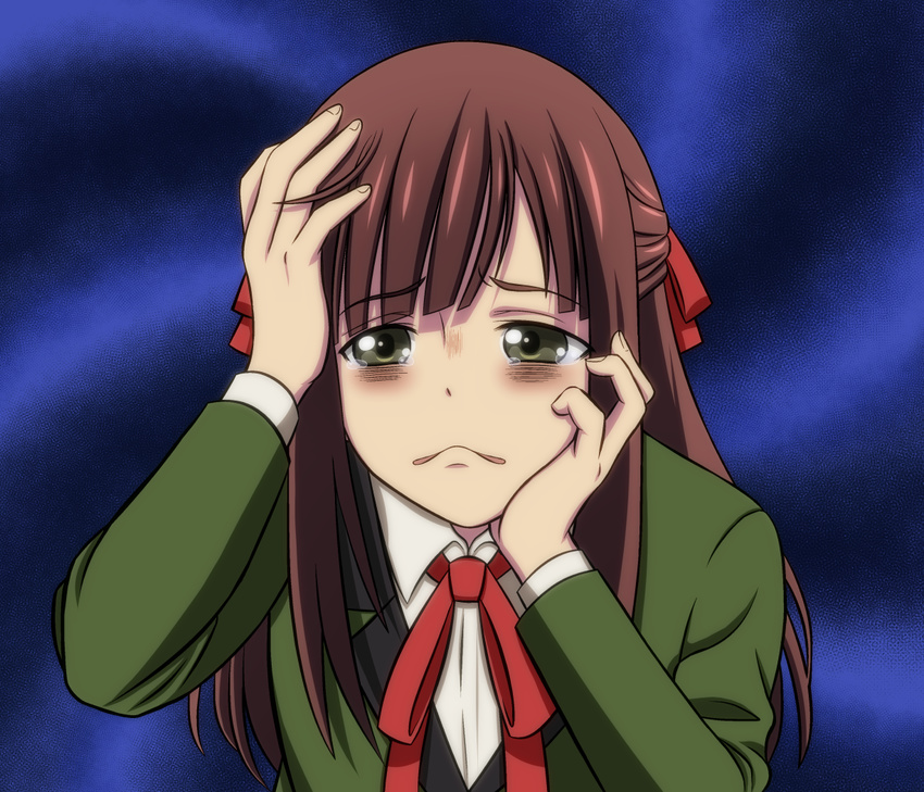 bad_id bad_pixiv_id bags_under_eyes blazer blush brown_hair collared_shirt female gloom_(expression) green_eyes hair_ribbon half_updo hand_on_own_cheek hand_on_own_face hand_on_own_head homura_suzuko jacket jougenmushi long_sleeves lostorage_wixoss neck_ribbon red_ribbon ribbon school_uniform shirt solo tears upper_body white_shirt wing_collar wixoss