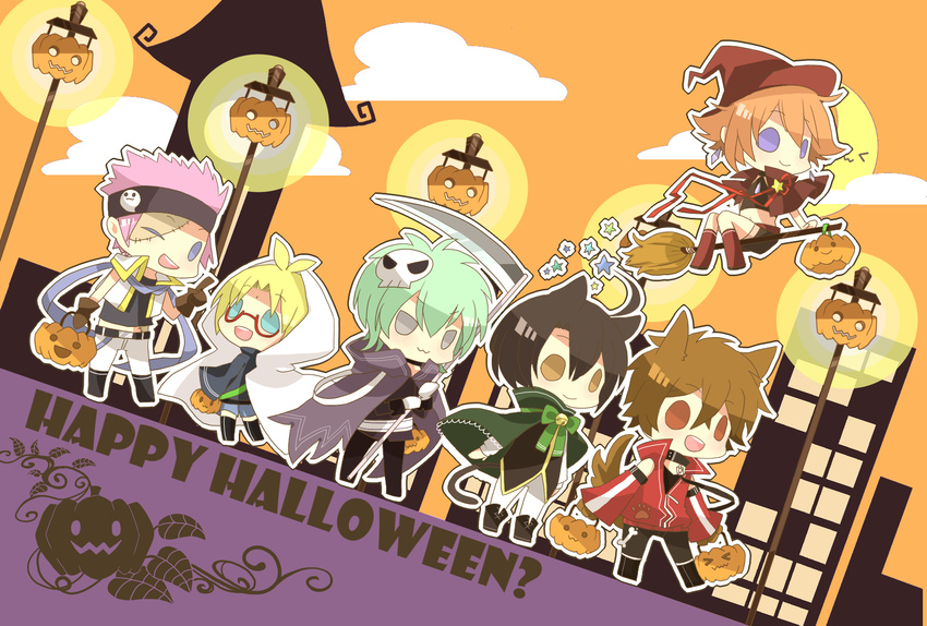 5boys ace_grit ahoge animal_ears bakugan bakugan_new_vestroia baron_leltoy broom cape chibi commentary_request female halloween hat highres kazami_shun kuusou_danma marukura_marucho mira_fermen multiple_boys omatou pumpkin scythe star_(symbol) tail witch_hat