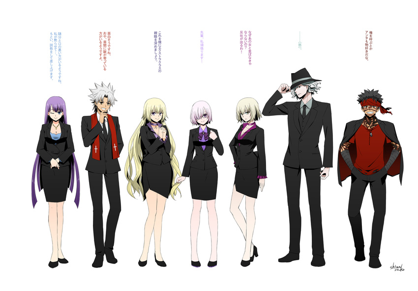 3boys ahoge alternate_costume amakusa_shirou_(fate) angra_mainyu_(fate) bare_legs black_hair blonde_hair breasts commentary_request dark-skinned_male dark_skin dual_persona edmond_dantes_(fate) fate/apocrypha fate/grand_order fate/hollow_ataraxia fate_(series) formal full_body glasses hat high_heels highres jacket jacket_on_shoulders jeanne_d'arc_(fate) jeanne_d'arc_(ruler)_(fate) jeanne_d'arc_alter_(avenger)_(fate) jeanne_d'arc_alter_(fate) long_hair looking_at_viewer martha_(fate) mash_kyrielight medium_breasts multiple_boys multiple_girls purple_eyes purple_hair scarf shimaneko shirt short_hair skirt smile suit tattoo translation_request very_long_hair white_background white_hair