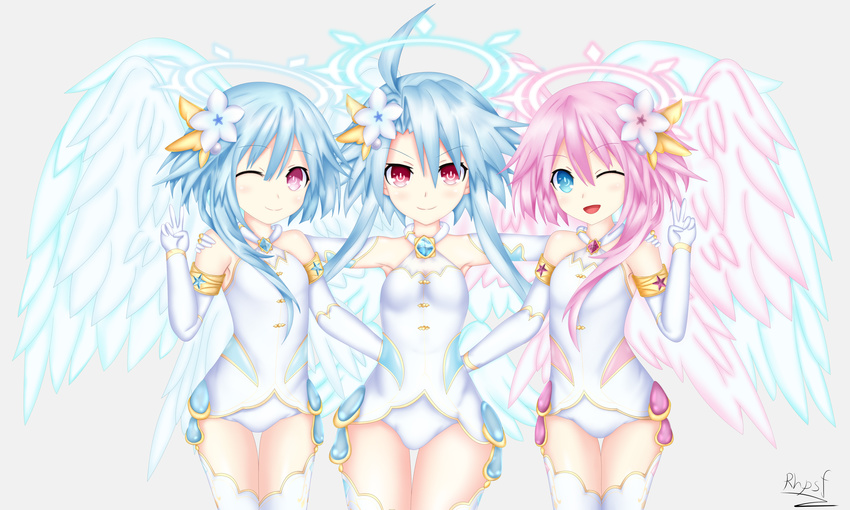 3girls ;) ;d absurdres angel armpits bare_shoulders blue_eyes blue_hair commentary_request cosplay cowboy_shot elbow_gloves feathered_wings flower four_goddesses_online:_cyber_dimension_neptune gloves hair_between_eyes hair_flower hair_ornament halo hand_on_another's_shoulder hand_up hands_on_another's_waist highres jewelry leotard looking_at_viewer multiple_girls neptune_(series) one_eye_closed open_mouth pink_eyes pink_hair power_symbol power_symbol-shaped_pupils red_eyes rhapsofree short_hair short_hair_with_long_locks siblings side_ponytail simple_background sisters smile symbol-shaped_pupils thighhighs twins v white_background white_gloves white_heart_(neptunia) white_heart_(neptunia)_(cosplay) white_leotard white_sister_ram white_sister_rom white_thighhighs white_wings wings