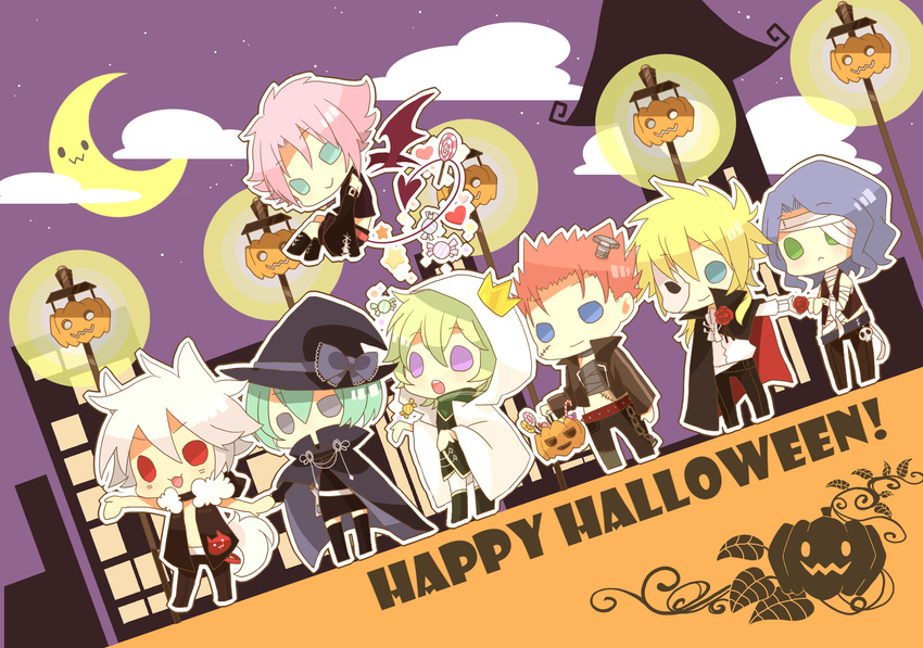 5boys animal_ears bakugan bakugan_new_vestroia bandages blonde_hair blue_hair candy candy_cane cape chibi commentary_request female flower food gus_grav halloween highres hydron_(bakugan) lollipop lync_volan moon multiple_boys mylene_furrow omatou pink_hair pumpkin rose shadow_prove spectra_phantom volt_luster wolf_ears