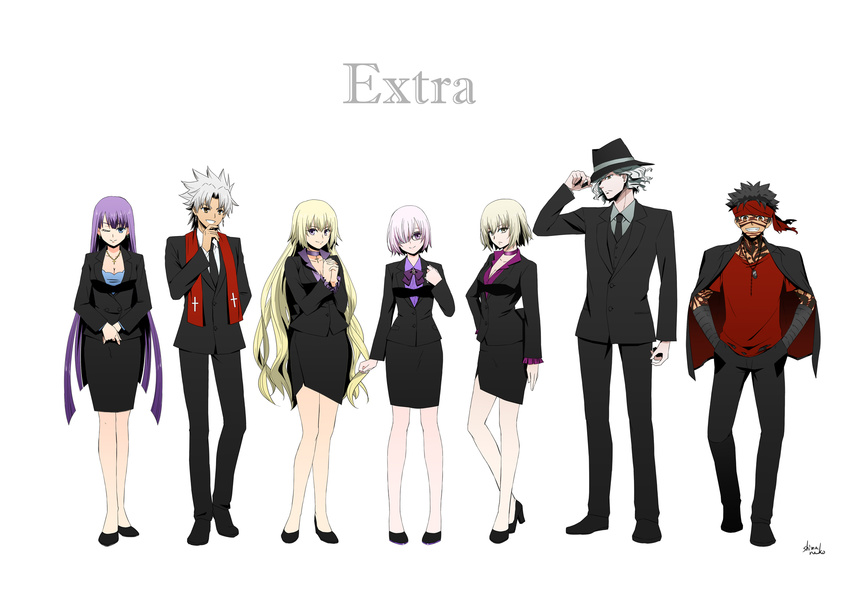 alternate_costume amakusa_shirou_(fate) angra_mainyu_(fate) blonde_hair commentary_request dual_persona edmond_dantes_(fate) fate/apocrypha fate/grand_order fate/hollow_ataraxia fate_(series) formal full_body glasses hat highres jeanne_d'arc_(fate) jeanne_d'arc_(ruler)_(fate) jeanne_d'arc_alter_(avenger)_(fate) jeanne_d'arc_alter_(fate) long_hair looking_at_viewer martha_(fate) mash_kyrielight multiple_girls one_eye_closed purple_eyes purple_hair scarf shimaneko short_hair smile suit white_hair yellow_eyes