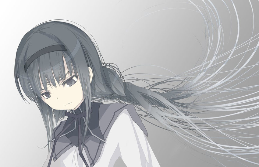 aikura_chihiro akemi_homura akemi_homura_(magical_girl) alternate_eye_color asymmetrical_hair black_hair black_hairband braid commentary_request female frown gradient_background grey_background grey_eyes hair_half_undone hairband long_hair looking_down mahou_shoujo_madoka_magica mahou_shoujo_madoka_magica_(anime) solo upper_body white_background