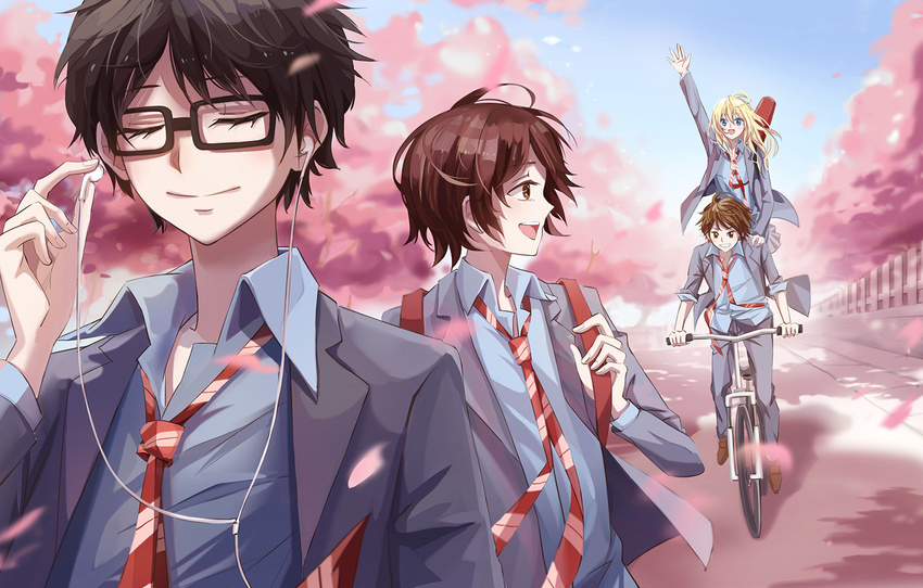 2boys 2girls arima_kousei black_hair blonde_hair blue_eyes blush brown_eyes brown_hair closed_eyes glasses miyazono_kawori multiple_boys multiple_girls necktie open_mouth pants sawabe_tsubaki school_uniform shigatsu_wa_kimi_no_uso shoes short_hair skirt smile watari_ryouta