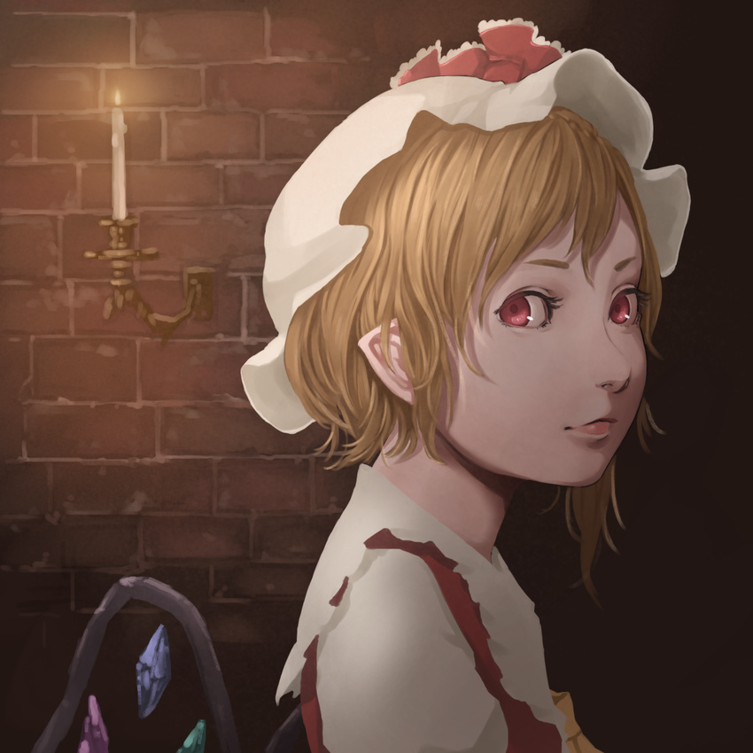 ascot blonde_hair brick_wall candle closed_mouth commentary_request crystal female flandre_scarlet from_side hat hat_ribbon light_smile lips looking_at_viewer medium_hair mob_cap nagi_(xx001122) pointy_ears red_eyes ribbon shirt side_ponytail sideways_glance solo standing touhou upper_body vest white_shirt wings yellow_ascot