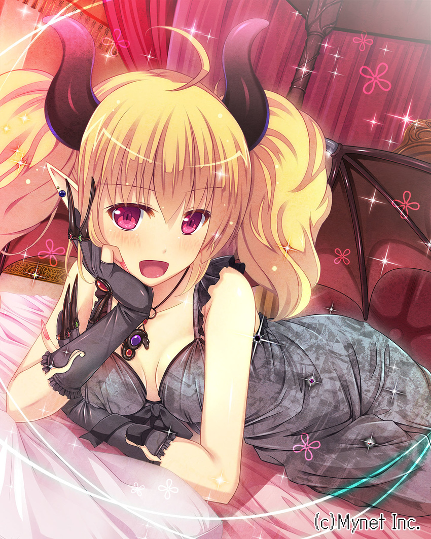 :d angelmaster bed blonde_hair blush breasts commentary_request demon_girl demon_horns demon_wings female hand_on_own_cheek hand_on_own_face highres horns kazumasa looking_at_viewer lying medium_breasts official_art on_side open_mouth photoshop_(medium) pointy_ears purple_eyes samael_(angelmaster) smile solo twintails wings