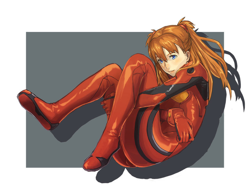 blue_eyes bodysuit brown_hair commentary_request female fetal_position full_body hugging_own_legs korosuke1 neon_genesis_evangelion partial_commentary plugsuit rebuild_of_evangelion skin_tight smile solo souryuu_asuka_langley