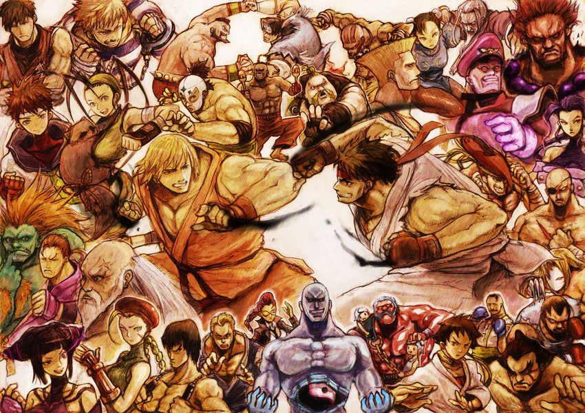 6+boys 6+girls :d abel_(street_fighter) absurdres adon_(street_fighter) akuma_(street_fighter) antenna_hair balrog_(street_fighter) black_hair blanka blonde_hair boxing_gloves braid brown_hair cammy_white chun-li claws cody_travers commentary_request crimson_viper cuffs dee_jay dhalsim dougi drill_hair dudley edmond_honda el_fuerte everyone eyepatch fei_long final_fight gen_(street_fighter) gloves glowing glowing_eye gouken grin guile guy_(final_fight) hakan halterneck handcuffs hat headband hibiki_dan highres hip_vent ibuki_(street_fighter) juri_han kasugano_sakura ken_masters long_hair m._bison mask multiple_boys multiple_girls muscular native_american nd ninja nunchaku open_mouth orange_hair pantyhose pelvic_curtain photoshop_(medium) punching purple_hair rose_(street_fighter) rufus_(street_fighter) ryu_(street_fighter) sagat scar seth_(street_fighter) short_hair smile street_fighter street_fighter_iv_(series) thunder_hawk twin_drills vega_(street_fighter) weapon white_hair zangief