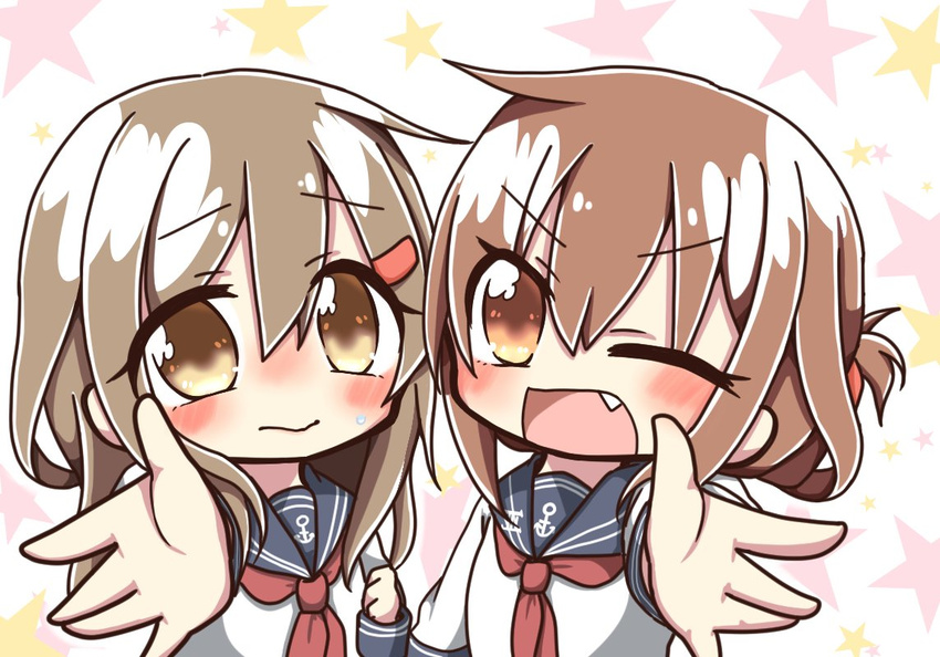 2girls alternate_hairstyle anchor_symbol brown_eyes brown_hair commentary cosplay eyebrows folded_ponytail hair_ornament hairclip hairstyle_switch ikazuchi_(kancolle) ikazuchi_(kancolle)_(cosplay) inazuma_(kancolle) inazuma_(kancolle)_(cosplay) jako_(jakoo21) kantai_collection long_hair look-alike looking_at_viewer multiple_girls neckerchief oerba_yun_fang one_eye_closed open_mouth red_neckerchief school_uniform serafuku short_hair star_(symbol) starry_background