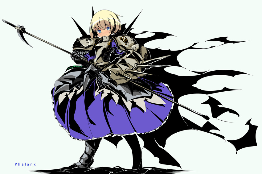 armor armored_dress blonde_hair blue_eyes commentary_request female gauntlets highres looking_at_viewer phalanx_(sekaiju) phalanx_2_(sekaiju) polearm polehammer sekaiju_no_meikyuu sekaiju_no_meikyuu_3 simple_background smile solo spikes takamine_nadare weapon