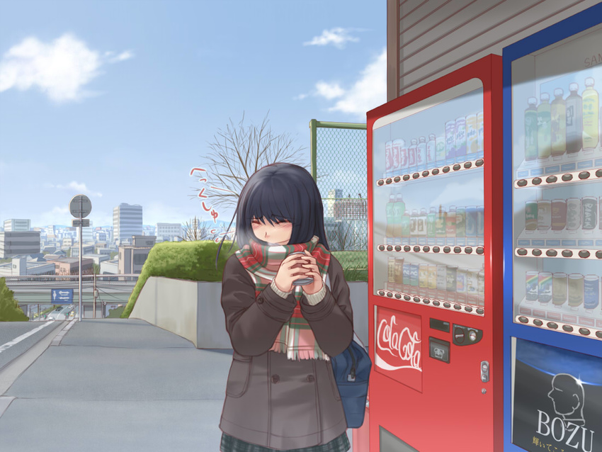 blazer bridge brown_hair can cityscape closed_eyes coca-cola commentary_request female jacket original outdoors plaid plaid_scarf road scarf scenery school_uniform short_hair sign skirt sneezing solo steam vending_machine yuugure