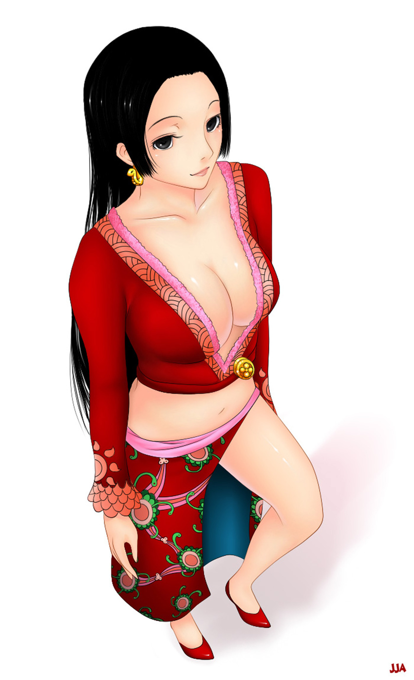 amazon amazon_lily black_hair boa_hancock breasts cleavage earrings female female grey_eyes high_heels highres jacket jewelry jja jolly_roger long_hair long_skirt long_sleeves navel one_piece pirate print_skirt red_jacket red_shirt red_shoes sash shichibukai shirt shoes side_slit simple_background skirt solo standing white_background