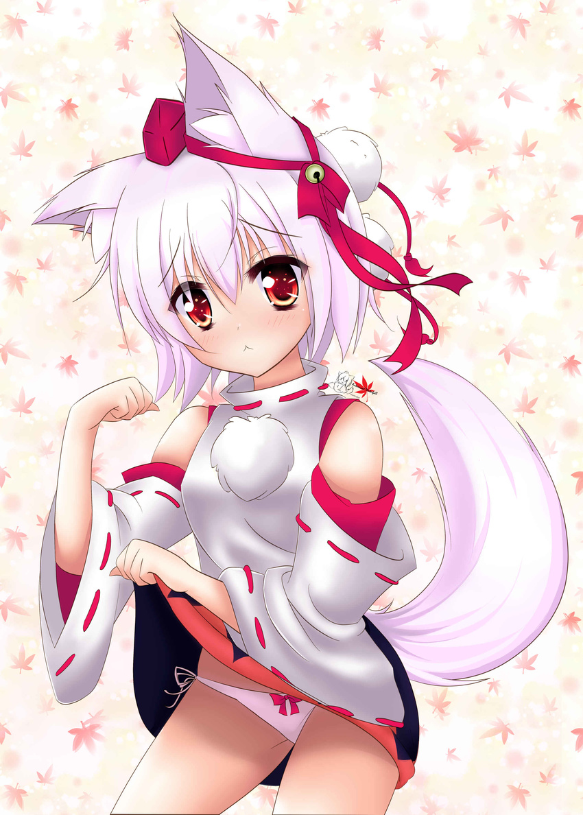 :3 absurdres animal_ears autumn_leaves bell blush breasts clothes_lift commentary_request detached_sleeves female grey_hair hair_ribbon hat highres inubashiri_momiji leaf looking_at_viewer lupinalia panties pink_panties pom_pom_(clothes) red_eyes ribbon ribbon-trimmed_sleeves ribbon_trim short_hair side-tie_panties skirt skirt_lift small_breasts solo tail tokin_hat touhou underwear watermark wolf_ears wolf_tail