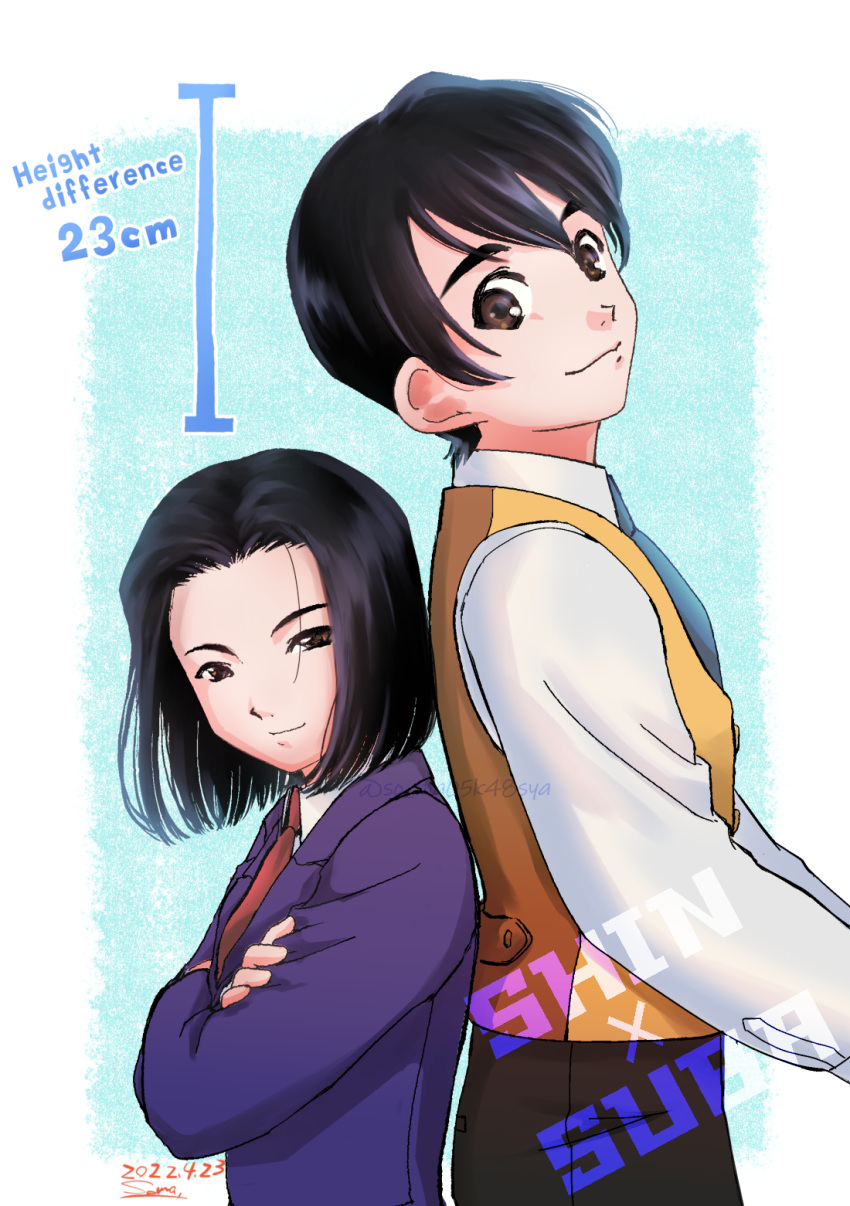 1boy back-to-back black_hair black_pants brown_eyes character_name collared_shirt crossed_arms dated female hair_behind_ear head_tilt height_difference highres jacket kujou_subaru looking_at_viewer necktie pants purple_jacket red_necktie sakura_taisen sakura_taisen_v shirt short_hair smile somakusha taiga_shinjirou vest white_shirt yellow_vest