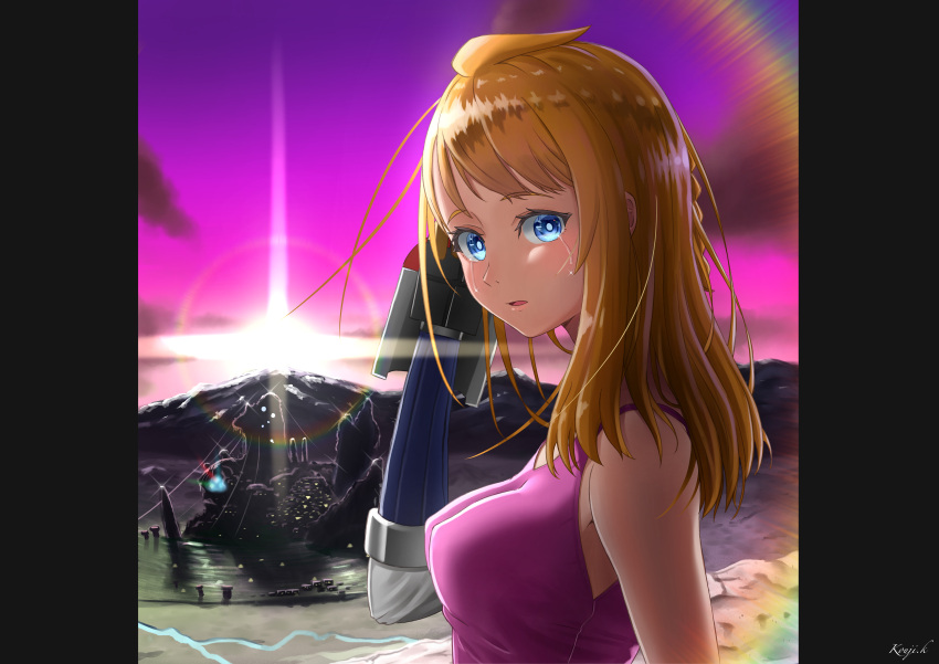 absurdres arm_up artist_name blue_eyes braid breasts crying crying_with_eyes_open decadence_(anime) female hand_up highres kayama_kouji lens_flare long_hair looking_at_viewer medium_breasts natsume_(decadence) outdoors pink_sky prosthesis prosthetic_arm sky solo standing sunset tank_top tears