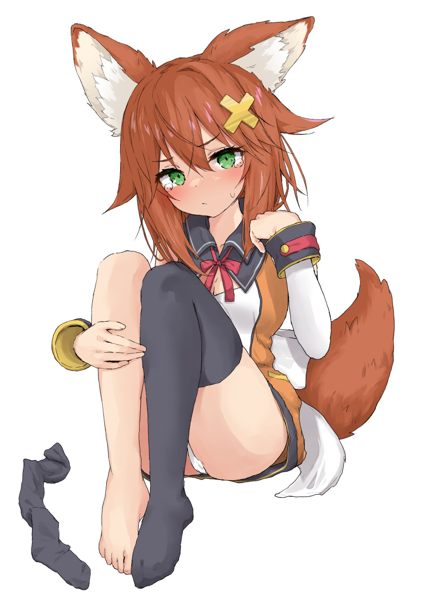 absurdres animal_ears barefoot black_thighhighs brown_hair closed_mouth female fox_ears fox_tail full_body green_eyes hair_ornament hand_up highres indie_virtual_youtuber long_hair looking_at_viewer neck_ribbon nekoname_tuna no_shoes orange_shirt panties panty_peek red_ribbon ribbon shirt simple_background single_thighhigh sitting solo sweatdrop tail tears thighhighs underwear virtual_youtuber white_background white_panties x_hair_ornament yakihebi