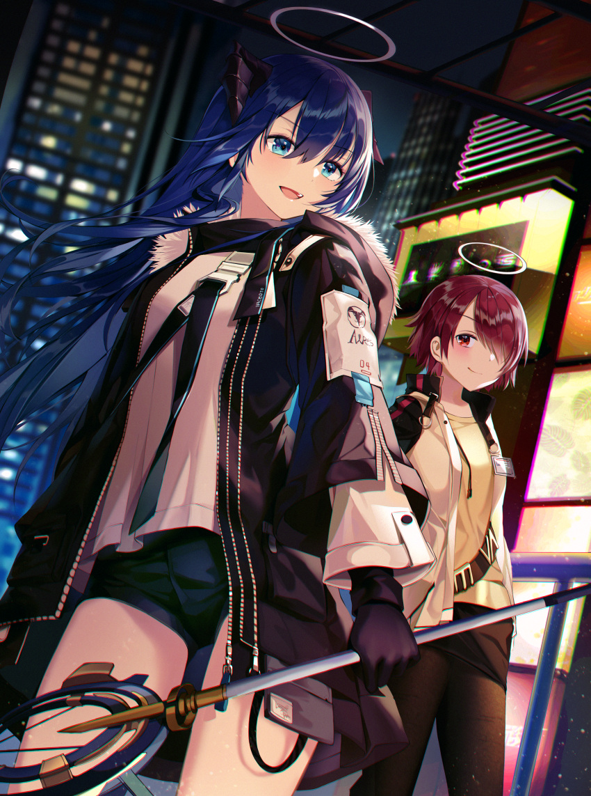 2girls :d absurdres arknights beige_shirt black_gloves black_jacket black_pantyhose black_shorts black_skirt blue_eyes blue_hair blush building buri_(retty9349) chromatic_aberration city commentary cowboy_shot dutch_angle exusiai_(arknights) fur-trimmed_jacket fur_trim gloves hair_between_eyes hair_over_one_eye halo highres holding holding_staff horns jacket long_hair long_sleeves mostima_(arknights) multiple_girls night night_sky open_clothes open_jacket open_mouth outdoors pantyhose pencil_skirt raglan_sleeves red_eyes red_hair shirt short_shorts shorts skirt sky smile staff standing thighs white_jacket white_shirt