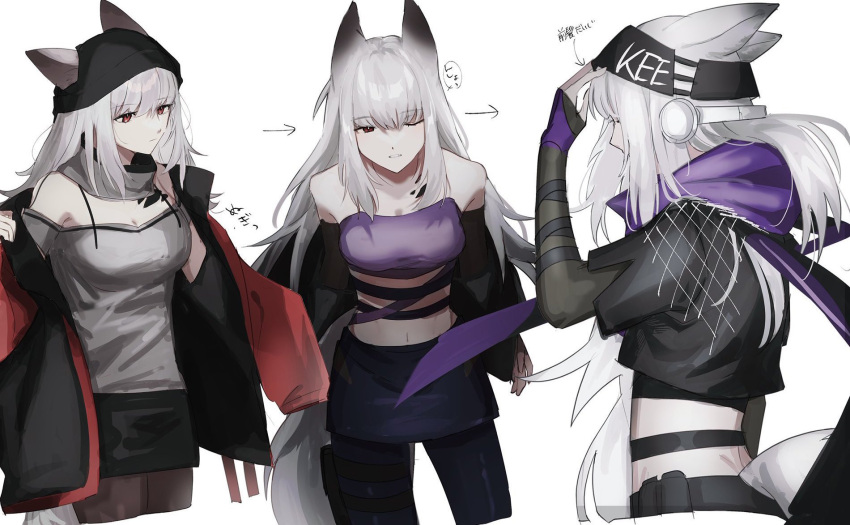 animal_ears arknights bare_shoulders beanie black_headwear black_jacket black_skirt breasts brown_pantyhose closed_mouth coat crop_top cropped_legs female frostleaf_(arknights) frostleaf_(breaking_the_ice)_(arknights) grey_hair grey_shirt hat highres holster inu_to_milk jacket long_hair midriff miniskirt multiple_views navel off-shoulder_shirt off_shoulder one_eye_closed pantyhose purple_shirt red_coat red_eyes sequential shirt simple_background skirt small_breasts strapless strapless_shirt tail thigh_holster undressing white_background