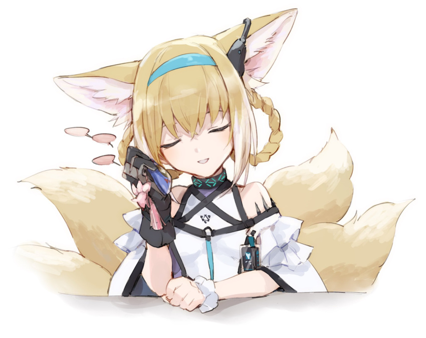 animal_ear_fluff animal_ears arknights bare_shoulders black_gloves blonde_hair blue_hairband braid braided_hair_rings breasts closed_eyes commentary_request e-bushi facing_viewer female fox_ears fox_girl fox_tail gloves hair_between_eyes hair_rings hairband highres kitsune leaning_to_the_side multicolored_hair parted_lips shirt simple_background single_glove small_breasts smile solo suzuran_(arknights) tail twin_braids two-tone_hair upper_body white_background white_hair white_shirt