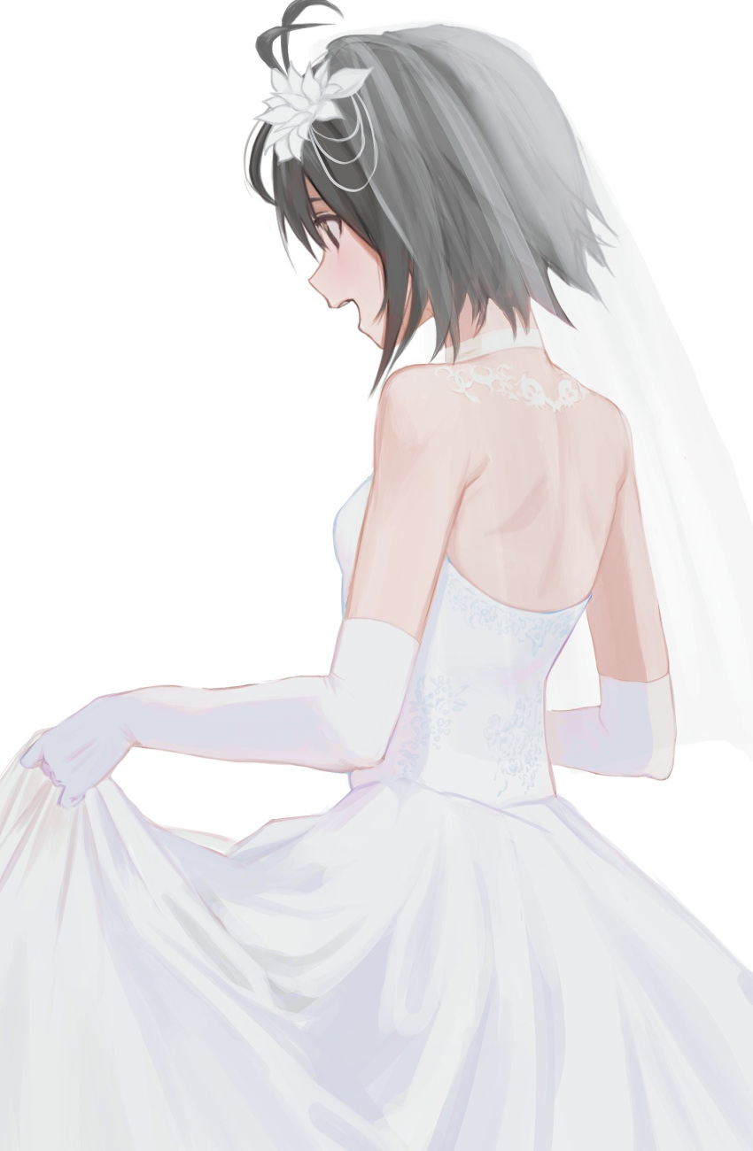 antenna_hair backless_dress backless_outfit bad_id bad_twitter_id bare_back bare_shoulders black_hair bridal_veil curtsey dress elbow_gloves female flower from_behind gloves hair_flower hair_ornament hd_(sw4189101) highres idolmaster kikuchi_makoto looking_ahead open_mouth short_hair simple_background skirt_hold smile solo veil wedding_dress white_background white_dress white_flower white_gloves