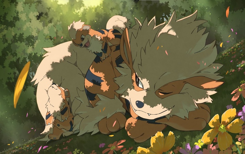 animal_focus arcanine black_eyes blurry bright_pupils closed_mouth commentary_request day evolutionary_line falling_petals fangs fangs_out flower growlithe lying no_humans one_eye_closed outdoors petals pokemon pokemon_(creature) smile white_pupils yamada_yuukei